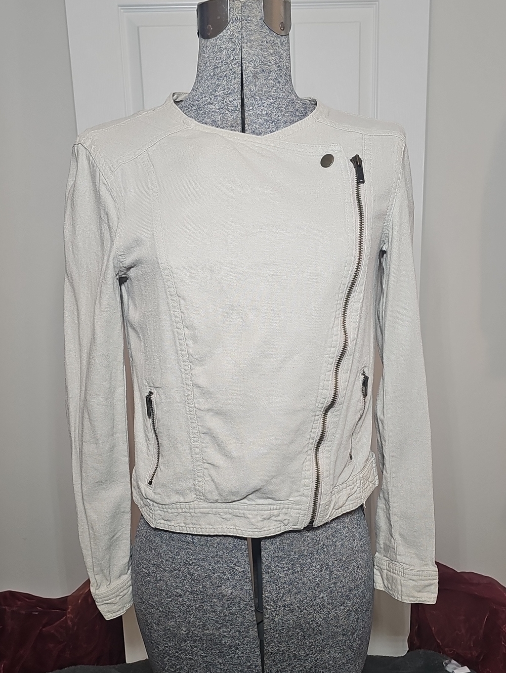 Gap Linen Blend Asymmetric Zip Moto Biker Jacket Cream Oatmeal XS